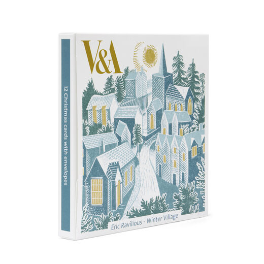 Pack of Christmas greeting cards illustrating a village in the snow design by Eric Ravilious