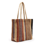 Large square jute bag with a striped pattern in brown, blue, and dark red.
