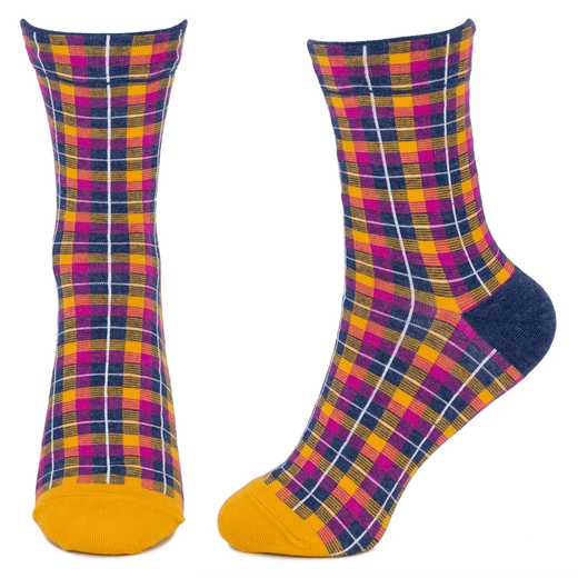 Pink and yellow tartan socks