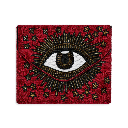 evening clutch decorated with a detailed beaded eye motif, closed with a magnetic clasp
