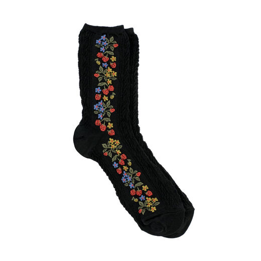 Black socks with strawberry foliage pattern motif