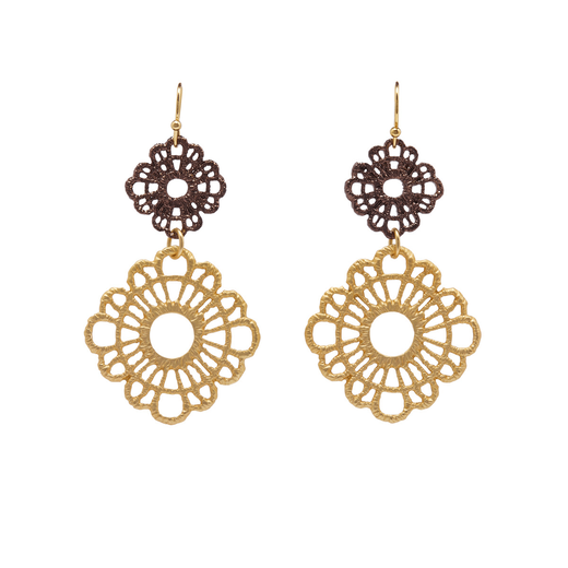 A pair of ornate hook earrings in contrasting gold and bronze tones.