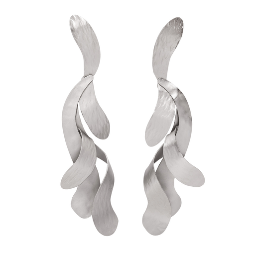 Silver drop earrings featuring organic shapes.