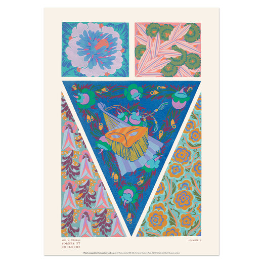 A portrait print reproducing a colourful Art Deco floral and geometric patterns in vivid colours.