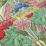 The pocket of an apron featuring a green and red botanical pattern.