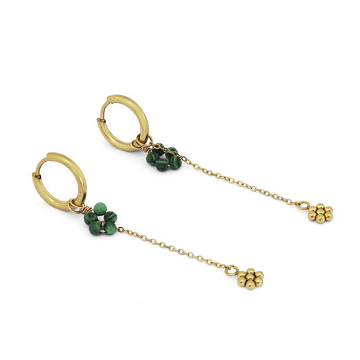 Green flower and chain drop earrings