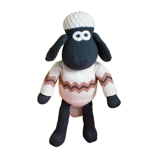 Shaun the Sheep knitted soft toy wearing a cute knitted jumper made from soft yarn with stitched details