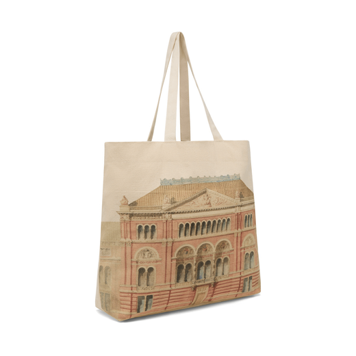A cream tote bag featuring an image of the V&A building.