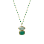 Gold chain necklace with a pendant made of two green stones.