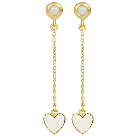 White heart and pearl long stud earrings by Ottoman Hands