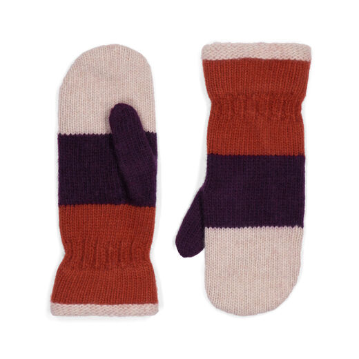 A pair of wool mittens featuring three colour blocks: terracotta red on the cuff, dark purple on the palm and thumb section, and white at the top.