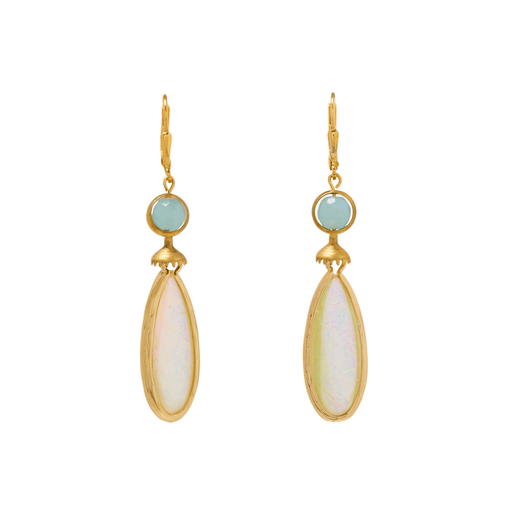 A pair of drop earrings featuring iridiscent drops of green resin descending from a small round green stone.