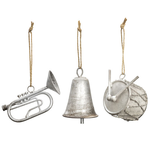 set of three chrismas tree deorations a tambourine, a drum, and a bell, 