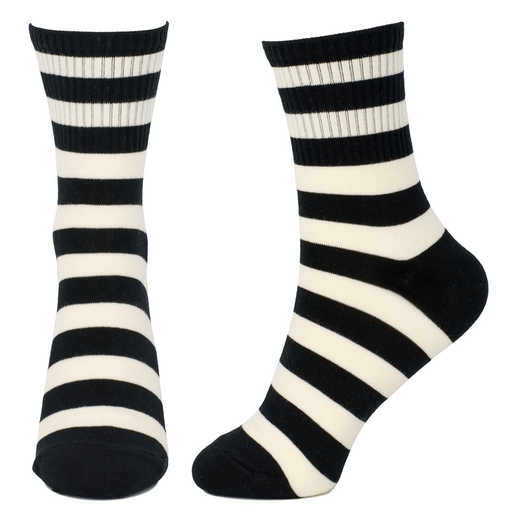 A pair of socks featuring a black and white striped pattern.