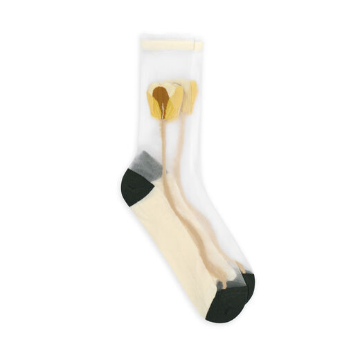 sheer socks adorned with delicate yellow tulips