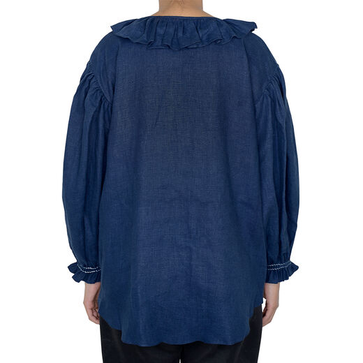 Smocked navy linen blouse by Cawley Studio