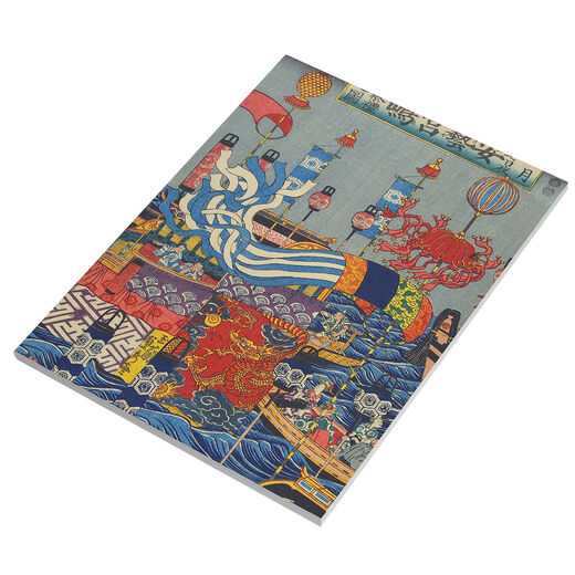 A notebook featuring an image of the Japanese Kangen-sai floating festival with musicians towed on a decorated craft.