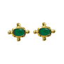 A pair of stud gold earrings, each with a rectangular green stone in the centre.