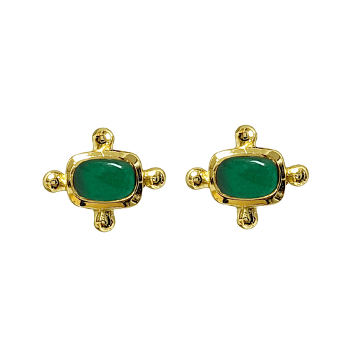 A pair of stud gold earrings, each with a rectangular green stone in the centre.