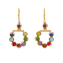 A pair of drop earrings with a hoop of multicoloured stones set in gold findings.