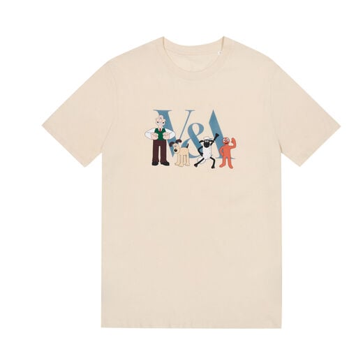 off white adults t-shirt with Aardmans characters gathering around the V&A logo