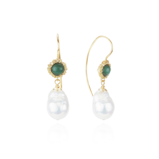 Gold hook earrings, each with a green stone and a large baroque pearl.