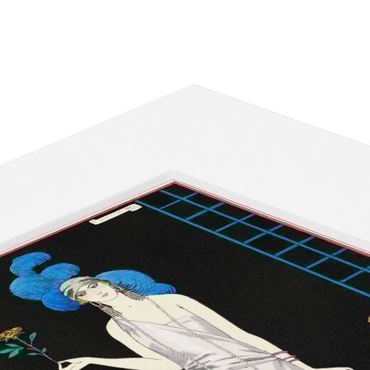 A close up of a corner of the print with its white mount.