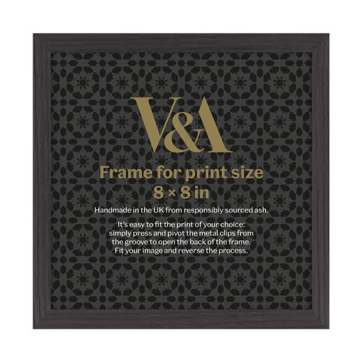 A wooden square frame with a black backing paper featuring a V&A pattern and logo. Made with ash wood and stained black.