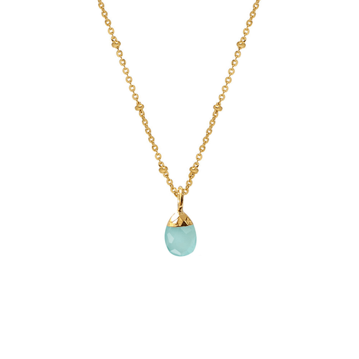 Gold chain necklace with a light blue stone pendant.
