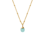 Gold chain necklace with a light blue stone pendant.