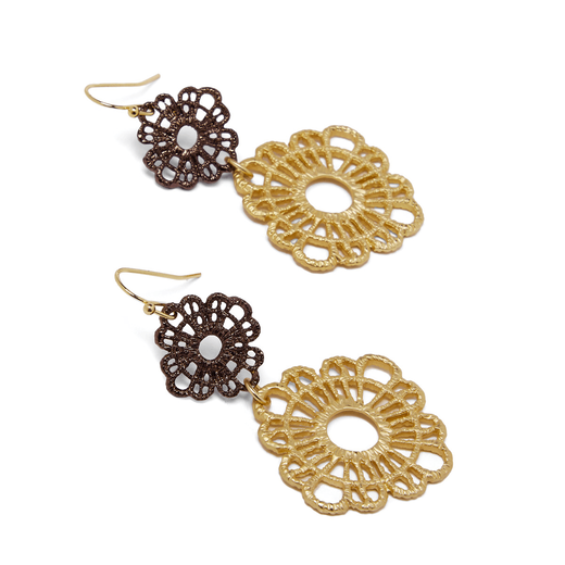 Two ornate hook earrings in contrasting gold and bronze tones.