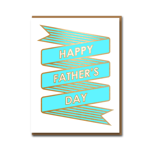 A white greeting card featuring the message Happy Father's Day on a blue ribbon.