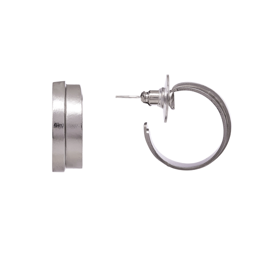 A pair of silver hoop earrings, one shown from the front, the other from the side. 