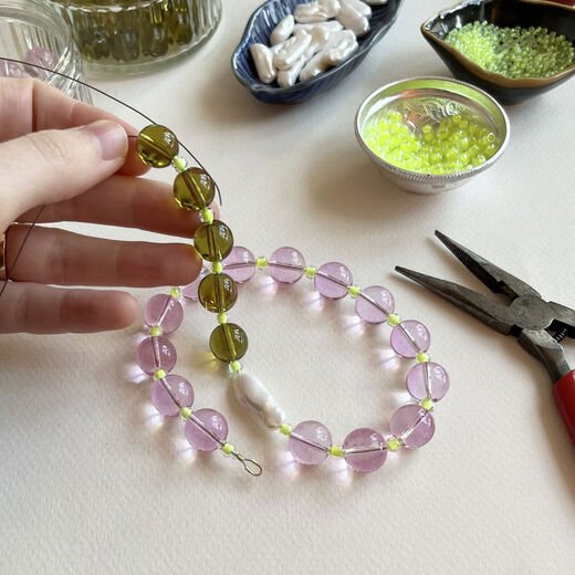 Lilac + moss beaded necklace by Hattie Buzzard
