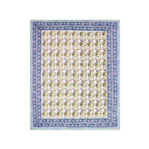 Blue and pink hand-printed cotton quilt