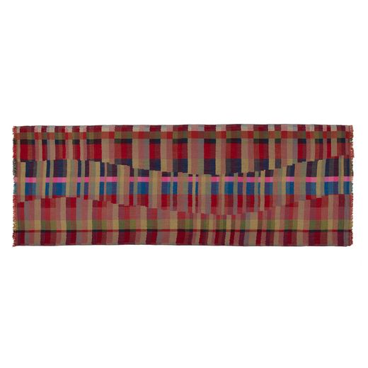 Pink and red rectangular scarf with a check pattern, spread out on a white surface. 