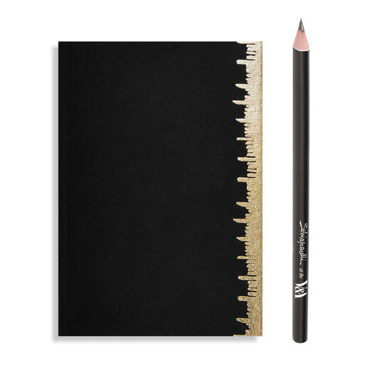 Stationary set including A5 notebook featuring Schiaparelli's signature measuring tape on the cover and onyx black HB pencil inscribed with the V&A and Schiaparelli logos