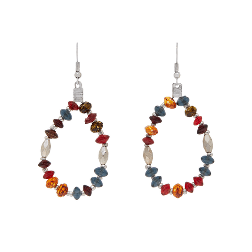 A pair of hook earrings with multicoloured beads arranged in a drop shape.