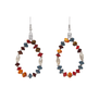 A pair of hook earrings with multicoloured beads arranged in a drop shape.