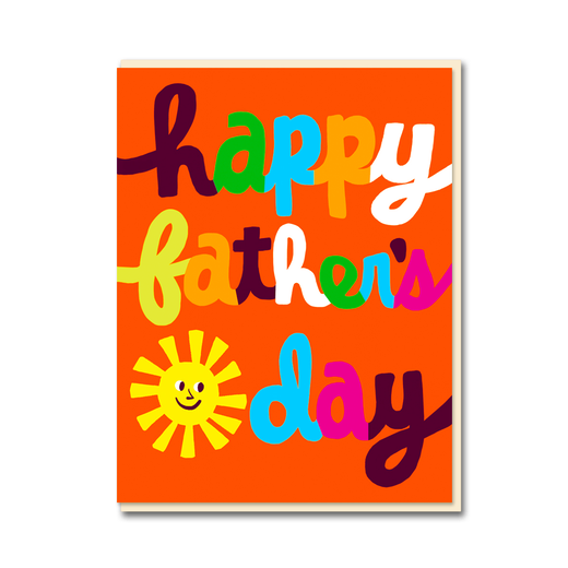 An orange greeting card. The message on the front reads Happy Father's Day in colourful letters.