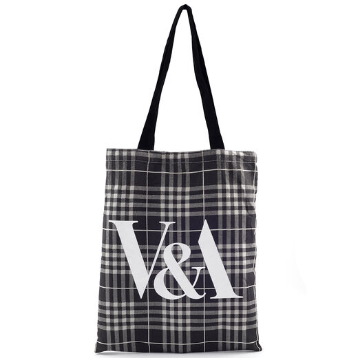 V&A Grey Plaid Print Cotton Tote Bag