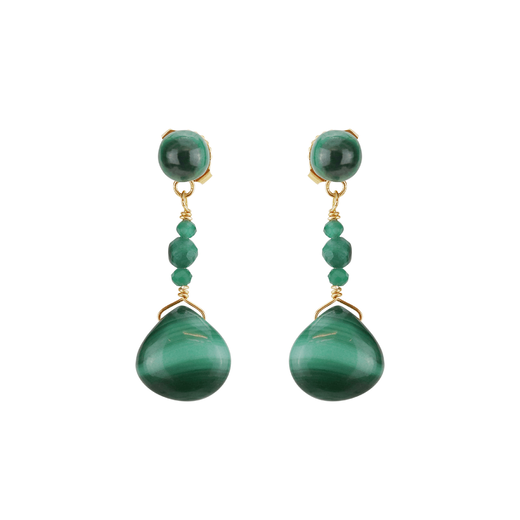 A pair of drop earrings with green stones.