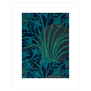 Print featuring blue lilies and green foliage on a dark background.