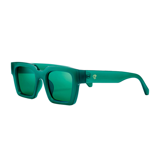 A pair of sunglasses with a bright green frame, resting open on a white background.