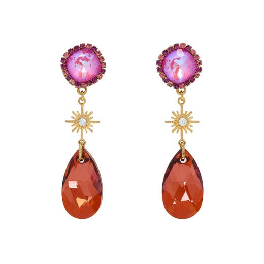 Pink drop earrings with a gemstone stud, star charm, and teardrop gem