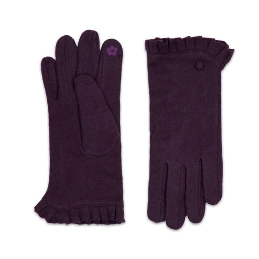 A pair of dark purple gloves featuring a ruffled cuff with a decorative button.