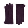 A pair of dark purple gloves featuring a ruffled cuff with a decorative button.