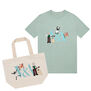 cotton kits green t-shirt and natural colour tote with print of Aardmans characters gathering around  V&A logo and 