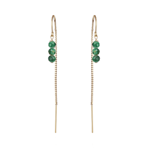 A pair of gold pull through earrings, each with three green round stones. 