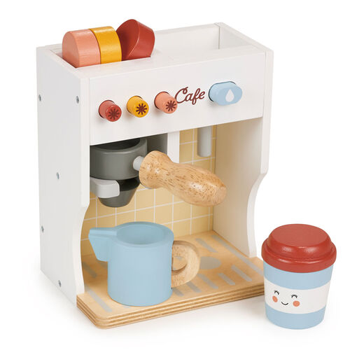A wooden barista set for toddlers complete with wooden coffee pods and cups.